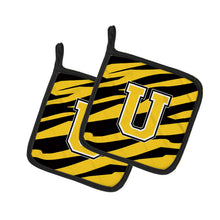Load image into Gallery viewer, Monogram Initial U Tiger Stripe - Black Gold Pot Holders - Set of 2 - Heat-Resistant Kitchen Essentials CJ1026-UPTHD