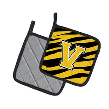 Load image into Gallery viewer, Monogram Initial V Tiger Stripe - Black Gold Pot Holders - Set of 2 - Heat-Resistant Kitchen Essentials CJ1026-VPTHD
