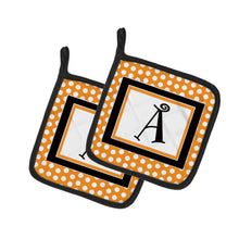 Load image into Gallery viewer, Letter A Monogram - Orange and Black Polka Dots Pot Holders - Set of 2 - Heat-Resistant Kitchen Essentials CJ1033-APTHD