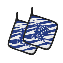 Load image into Gallery viewer, Monogram Initial K Tiger Stripe Blue and White Pot Holders - Set of 2 - Heat-Resistant Kitchen Essentials CJ1034-KPTHD