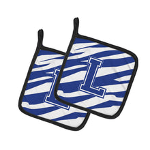 Load image into Gallery viewer, Monogram Initial L Tiger Stripe Blue and White Pot Holders - Set of 2 - Heat-Resistant Kitchen Essentials CJ1034-LPTHD