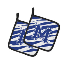 Load image into Gallery viewer, Monogram Initial M Tiger Stripe Blue and White Pot Holders - Set of 2 - Heat-Resistant Kitchen Essentials CJ1034-MPTHD