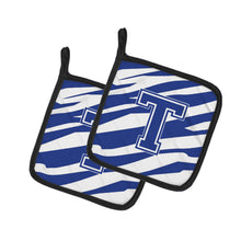 Load image into Gallery viewer, Monogram Initial T Tiger Stripe Blue and White Pot Holders - Set of 2 - Heat-Resistant Kitchen Essentials CJ1034-TPTHD