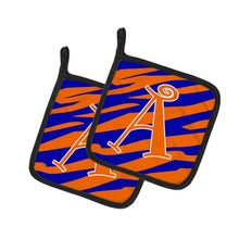 Load image into Gallery viewer, Letter A Monogram - Orange Blue Tiger Stripe Pot Holders - Set of 2 - Heat-Resistant Kitchen Essentials CJ1036-APTHD