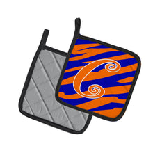 Load image into Gallery viewer, Monogram Initial C Tiger Stripe Blue and Orange Pot Holders - Set of 2 - Heat-Resistant Kitchen Essentials CJ1036-CPTHD