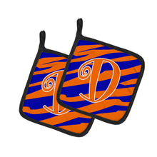 Load image into Gallery viewer, Monogram Initial D Tiger Stripe Blue and Orange Pot Holders - Set of 2 - Heat-Resistant Kitchen Essentials CJ1036-DPTHD