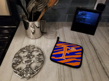 Load image into Gallery viewer, Monogram Initial F Tiger Stripe Blue and Orange Pot Holders - Set of 2 - Heat-Resistant Kitchen Essentials CJ1036-FPTHD