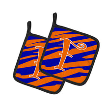 Load image into Gallery viewer, Monogram Initial F Tiger Stripe Blue and Orange Pot Holders - Set of 2 - Heat-Resistant Kitchen Essentials CJ1036-FPTHD