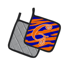 Load image into Gallery viewer, Monogram Initial G Tiger Stripe Blue and Orange Pot Holders - Set of 2 - Heat-Resistant Kitchen Essentials CJ1036-GPTHD