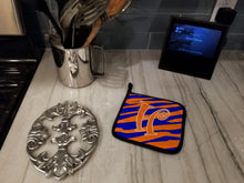Load image into Gallery viewer, Monogram Initial H Tiger Stripe Blue and Orange Pot Holders - Set of 2 - Heat-Resistant Kitchen Essentials CJ1036-HPTHD