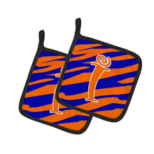 Load image into Gallery viewer, Monogram Initial I Tiger Stripe Blue and Orange Pot Holders - Set of 2 - Heat-Resistant Kitchen Essentials CJ1036-IPTHD