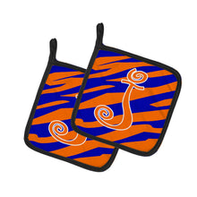 Load image into Gallery viewer, Monogram Initial J Tiger Stripe Blue and Orange Pot Holders - Set of 2 - Heat-Resistant Kitchen Essentials CJ1036-JPTHD