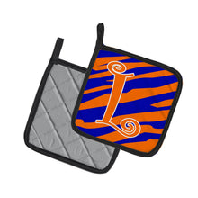 Load image into Gallery viewer, Monogram Initial L Tiger Stripe Blue and Orange Pot Holders - Set of 2 - Heat-Resistant Kitchen Essentials CJ1036-LPTHD
