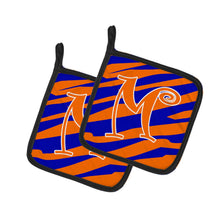Load image into Gallery viewer, Monogram Initial M Tiger Stripe Blue and Orange Pot Holders - Set of 2 - Heat-Resistant Kitchen Essentials CJ1036-MPTHD