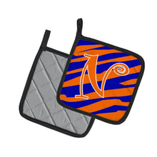 Load image into Gallery viewer, Monogram Initial N Tiger Stripe Blue and Orange Pot Holders - Set of 2 - Heat-Resistant Kitchen Essentials CJ1036-NPTHD