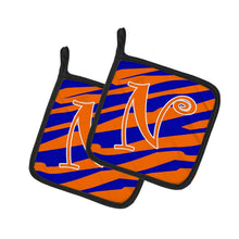 Load image into Gallery viewer, Monogram Initial N Tiger Stripe Blue and Orange Pot Holders - Set of 2 - Heat-Resistant Kitchen Essentials CJ1036-NPTHD