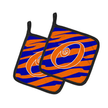 Load image into Gallery viewer, Monogram Initial O Tiger Stripe Blue and Orange Pot Holders - Set of 2 - Heat-Resistant Kitchen Essentials CJ1036-OPTHD