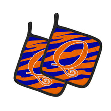 Load image into Gallery viewer, Monogram Initial Q Tiger Stripe Blue and Orange Pot Holders - Set of 2 - Heat-Resistant Kitchen Essentials CJ1036-QPTHD