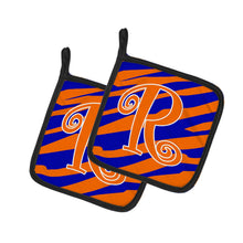 Load image into Gallery viewer, Monogram Initial R Tiger Stripe Blue and Orange Pot Holders - Set of 2 - Heat-Resistant Kitchen Essentials CJ1036-RPTHD
