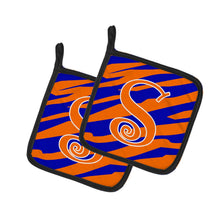 Load image into Gallery viewer, Monogram Initial S Tiger Stripe Blue and Orange Pot Holders - Set of 2 - Heat-Resistant Kitchen Essentials CJ1036-SPTHD