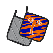 Load image into Gallery viewer, Monogram Initial T Tiger Stripe Blue and Orange Pot Holders - Set of 2 - Heat-Resistant Kitchen Essentials CJ1036-TPTHD