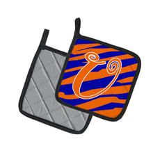 Load image into Gallery viewer, Monogram Initial U Tiger Stripe Blue and Orange Pot Holders - Set of 2 - Heat-Resistant Kitchen Essentials CJ1036-UPTHD