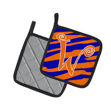 Load image into Gallery viewer, Monogram Initial W Tiger Stripe Blue and Orange Pot Holders - Set of 2 - Heat-Resistant Kitchen Essentials CJ1036-WPTHD