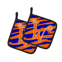 Load image into Gallery viewer, Monogram Initial W Tiger Stripe Blue and Orange Pot Holders - Set of 2 - Heat-Resistant Kitchen Essentials CJ1036-WPTHD