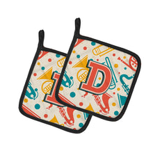 Load image into Gallery viewer, Letter D Retro Teal Orange Musical Instruments Initial Pot Holders - Set of 2 - Heat-Resistant Kitchen Essentials CJ2001-DPTHD