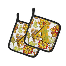 Load image into Gallery viewer, Letter A Floral Mustard and Green Pot Holders - Set of 2 - Heat-Resistant Kitchen Essentials CJ2003-APTHD