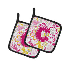 Load image into Gallery viewer, Letter C Flowers and Butterflies Pink Pot Holders - Set of 2 - Heat-Resistant Kitchen Essentials CJ2005-CPTHD