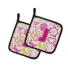 Load image into Gallery viewer, Letter J Flowers and Butterflies Pink Pot Holders - Set of 2 - Heat-Resistant Kitchen Essentials CJ2005-JPTHD