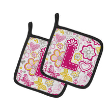 Load image into Gallery viewer, Letter L Flowers and Butterflies Pink Pot Holders - Set of 2 - Heat-Resistant Kitchen Essentials
