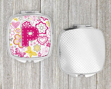 Load image into Gallery viewer, Letter P Flowers and Butterflies Pink Compact Mirror – Stylish Purse Mirror with Artistic Covers CJ2005-PSCM