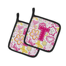 Load image into Gallery viewer, Letter T Flowers and Butterflies Pink Pot Holders - Set of 2 - Heat-Resistant Kitchen Essentials CJ2005-TPTHD