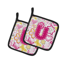 Load image into Gallery viewer, Letter U Flowers and Butterflies Pink Pot Holders - Set of 2 - Heat-Resistant Kitchen Essentials CJ2005-UPTHD