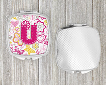 Load image into Gallery viewer, Letter U Flowers and Butterflies Pink Compact Mirror – Stylish Purse Mirror with Artistic Covers CJ2005-USCM