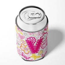 Load image into Gallery viewer, Letter V Flowers and Butterflies Pink Can or Bottle Hugger CJ2005-VCC