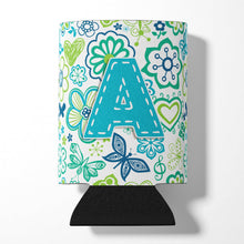 Load image into Gallery viewer, Letter A Flowers and Butterflies Teal Blue Can or Bottle Hugger CJ2006-ACC