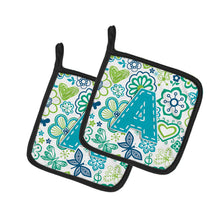 Load image into Gallery viewer, Letter A Flowers and Butterflies Teal Blue Pot Holders - Set of 2 - Heat-Resistant Kitchen Essentials CJ2006-APTHD