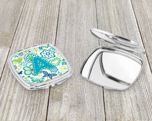 Load image into Gallery viewer, Letter A Flowers and Butterflies Teal Blue Compact Mirror – Stylish Purse Mirror with Artistic Covers CJ2006-ASCM