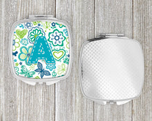 Load image into Gallery viewer, Letter A Flowers and Butterflies Teal Blue Compact Mirror – Stylish Purse Mirror with Artistic Covers CJ2006-ASCM
