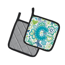Load image into Gallery viewer, Letter C Flowers and Butterflies Teal Blue Pot Holders - Set of 2 - Heat-Resistant Kitchen Essentials CJ2006-CPTHD