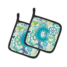 Load image into Gallery viewer, Letter C Flowers and Butterflies Teal Blue Pot Holders - Set of 2 - Heat-Resistant Kitchen Essentials CJ2006-CPTHD