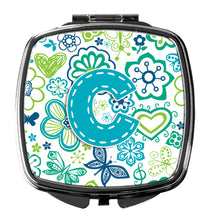 Load image into Gallery viewer, Letter C Flowers and Butterflies Teal Blue Compact Mirror – Stylish Purse Mirror with Artistic Covers CJ2006-CSCM