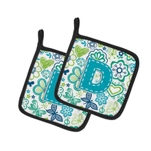 Load image into Gallery viewer, Letter D Flowers and Butterflies Teal Blue Pot Holders - Set of 2 - Heat-Resistant Kitchen Essentials CJ2006-DPTHD