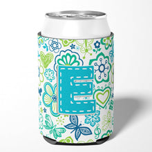 Load image into Gallery viewer, Letter E Flowers and Butterflies Teal Blue Can or Bottle Hugger CJ2006-ECC