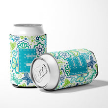 Load image into Gallery viewer, Letter E Flowers and Butterflies Teal Blue Can or Bottle Hugger CJ2006-ECC