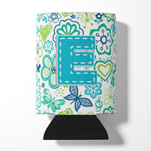 Load image into Gallery viewer, Letter E Flowers and Butterflies Teal Blue Can or Bottle Hugger CJ2006-ECC