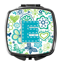 Load image into Gallery viewer, Letter E Flowers and Butterflies Teal Blue Compact Mirror – Stylish Purse Mirror with Artistic Covers CJ2006-ESCM